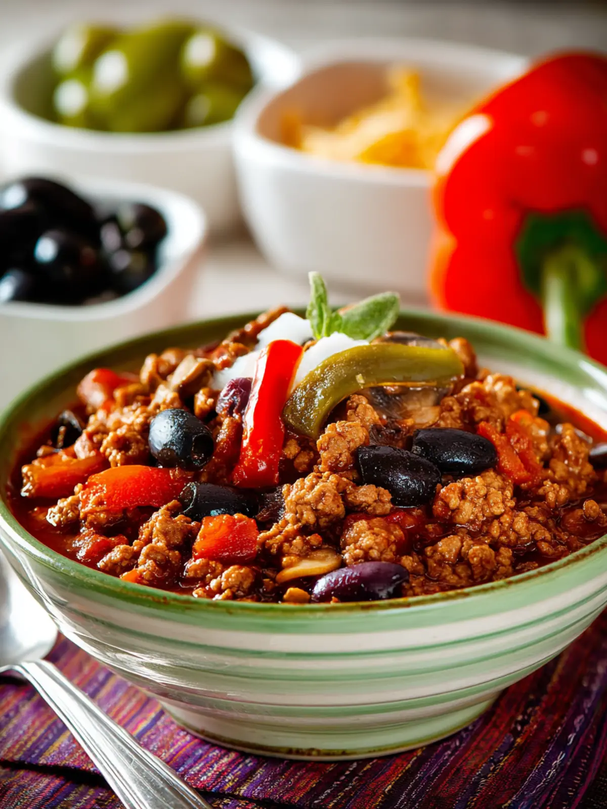 Ground Turkey Chili (with Peppers, Mushrooms, and Olives) First Image